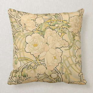 Peonies by Alphonse Mucha Cushion