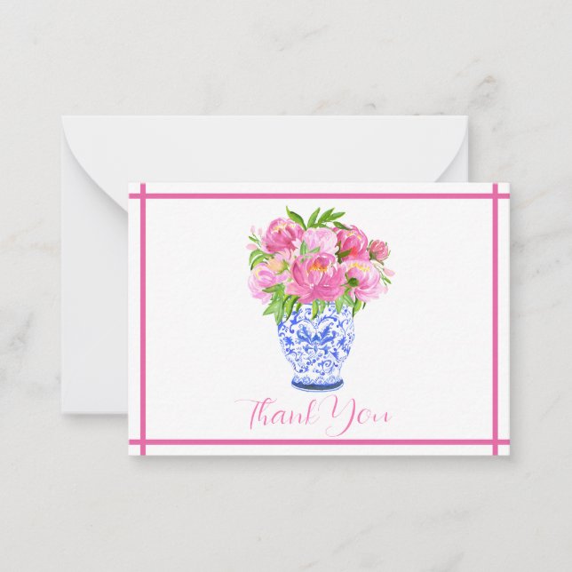Peonies Chinoiserie Vase Thank You Stationary Card (Front)