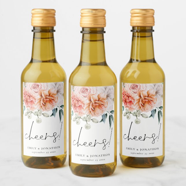 Peonies Coral Peach Florals Cheers Wedding Favour Wine Label (Bottles)