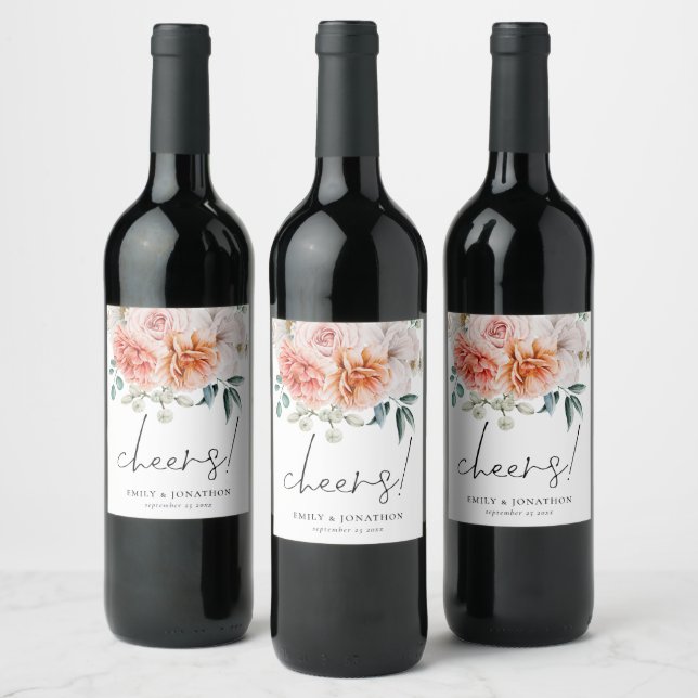 Peonies Coral Peach Florals Cheers Wedding Wine Label (Bottles)