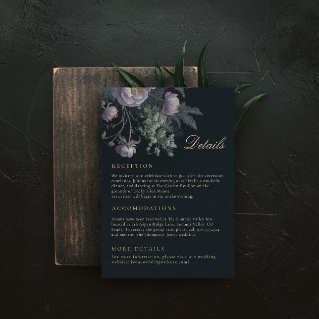 Peonies Dark Moody Wedding Details Enclosure Card (dark moody wedding details card reception accomodations lilac purple dusty peony painting romantic)
