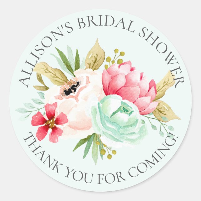 Peonies Floral Bridal Thank You Shower Sticker (Front)