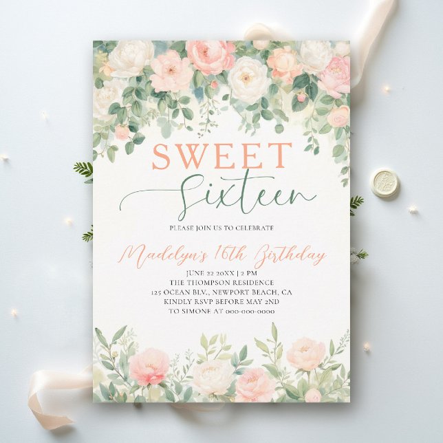 Peonies Floral Peach Pink Script Elegant Sweet 16 Invitation (sweet sixteen birthday party invitation peony floral peach pink green script elegant classy)