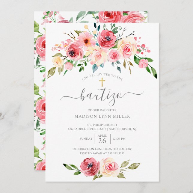 Peonies Floral Spanish Baptism Invitation (Front/Back)