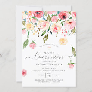 Peonies Floral Spanish First Communion Invitation