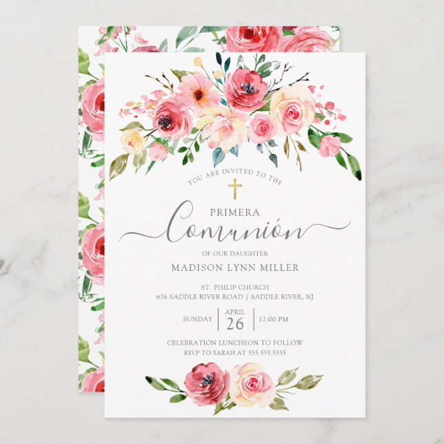 Peonies Floral Spanish First Communion Invitation (Front/Back)
