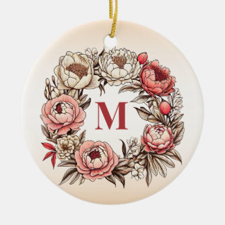 Peonies Floral Wreath with Personalised Monogram Ceramic Ornament