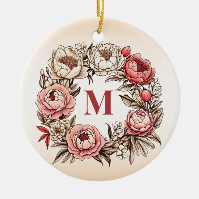 Peonies Floral Wreath with Personalised Monogram Ceramic Ornament (Front)