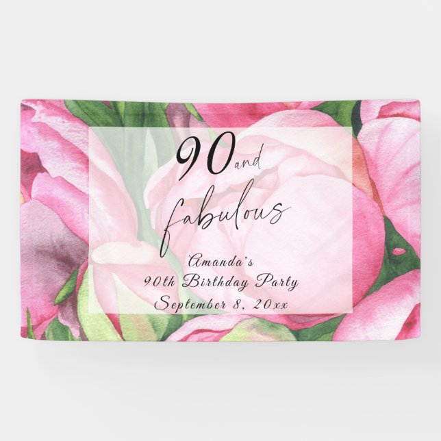 Peonies flowers 90th Birthday Party Banner (Horizontal)