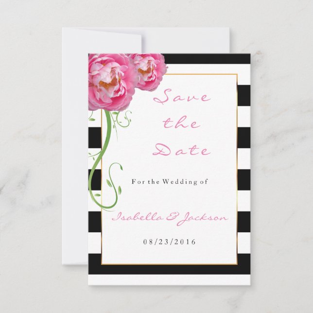 Peonies Flowers on Black and White Stripes Save The Date (Front)