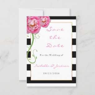 Peonies Flowers on Black and White Stripes Save The Date