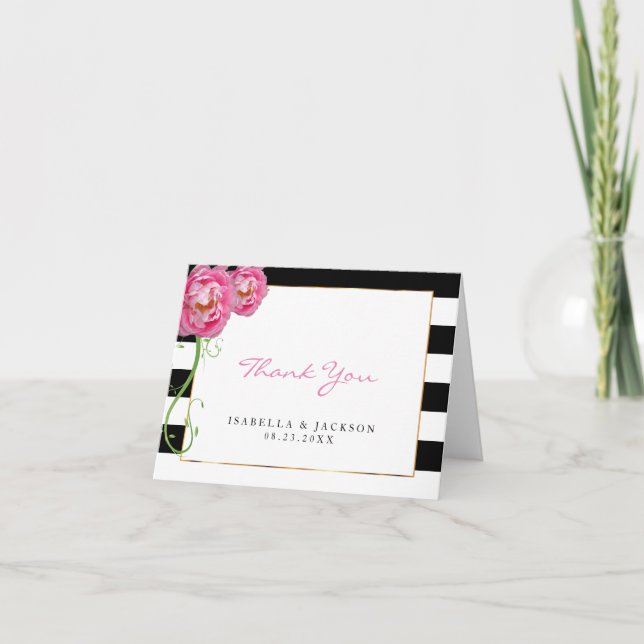 Peonies Flowers on Black and White - Thank You Card (Front)