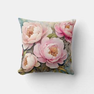 Peonies Flowers Pastel Watercolor Spring Cushion