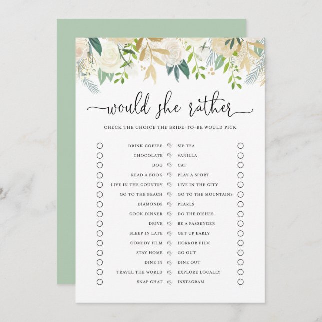 Peonies Gold Glitter Would Bride Rather Game Card (Front/Back)