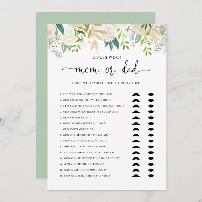 Peonies Gold Mum or Dad Baby Shower Game Card (Front/Back)
