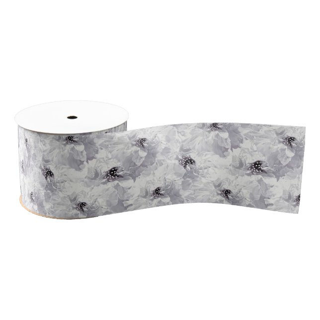 Peonies, grey and white, floral, white flowers grosgrain ribbon (Spool)