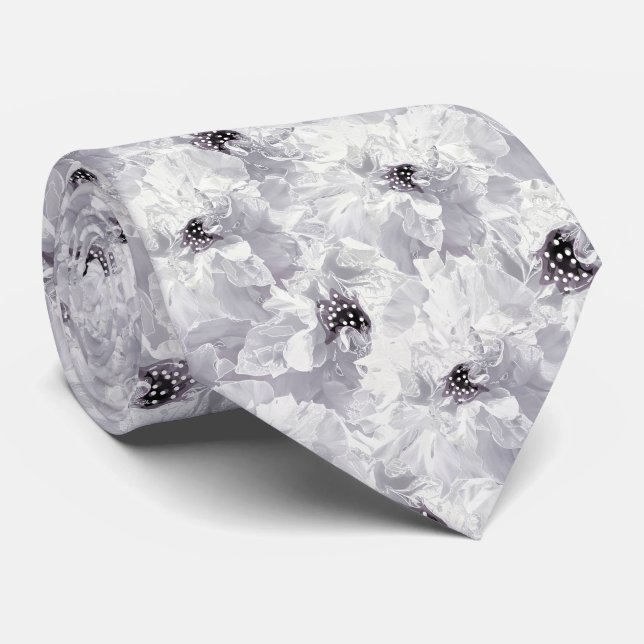 Peonies, grey and white, floral, white flowers tie (Rolled)