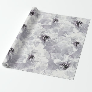 Peonies, grey and white, floral, white flowers wrapping paper