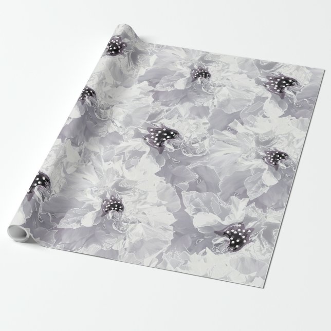 Peonies, grey and white, floral, white flowers wrapping paper (Unrolled)