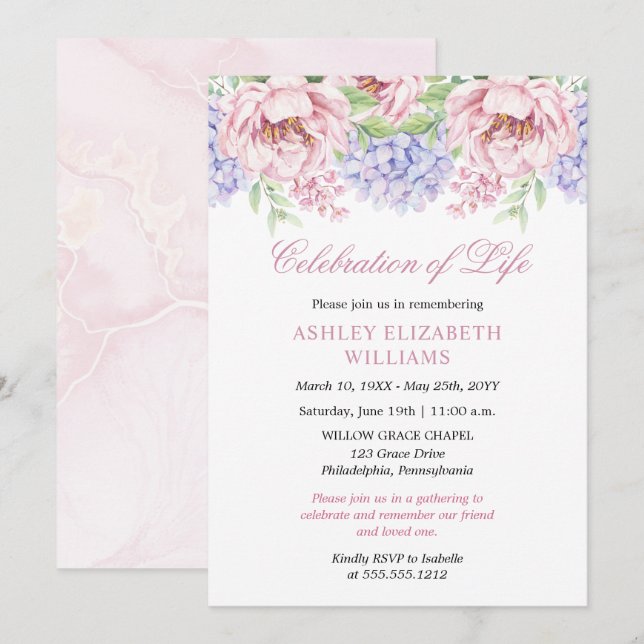 Peonies |  Hydrangeas Floral Celebration of Life  Invitation (Front/Back)