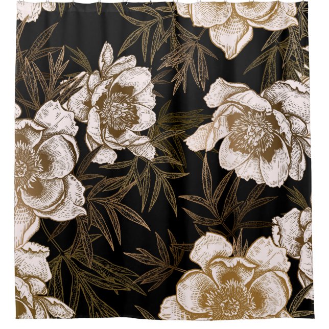 Peonies in Gold: Floral Vintage Shower Curtain (Front)