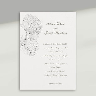 Peonies Ink Ivory White Formal Calligraphy Wedding Invitation