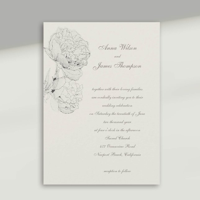 Peonies Ink Sketch Ecru Formal Calligraphy Wedding Invitation (peony wedding invitation large blooms ink sketch ecru white formal calligraphy modern classic)