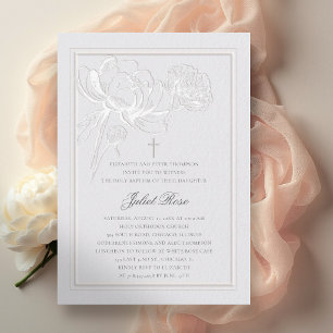 Peonies Ivory Elegant Frame Cross Modern Baptism Invitation