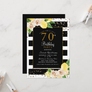Peonies Lemons 70 Birthday Party Invitation Black