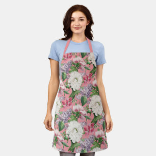 Peonies & Lilacs Flower Garden Watercolor Pattern Apron
