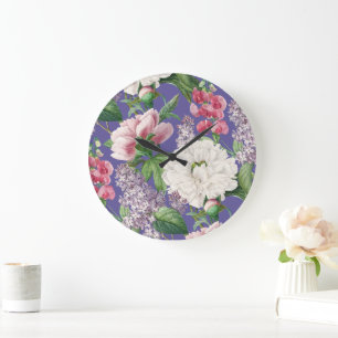 Peonies & Lilacs Flower Garden Watercolor Pattern Large Clock