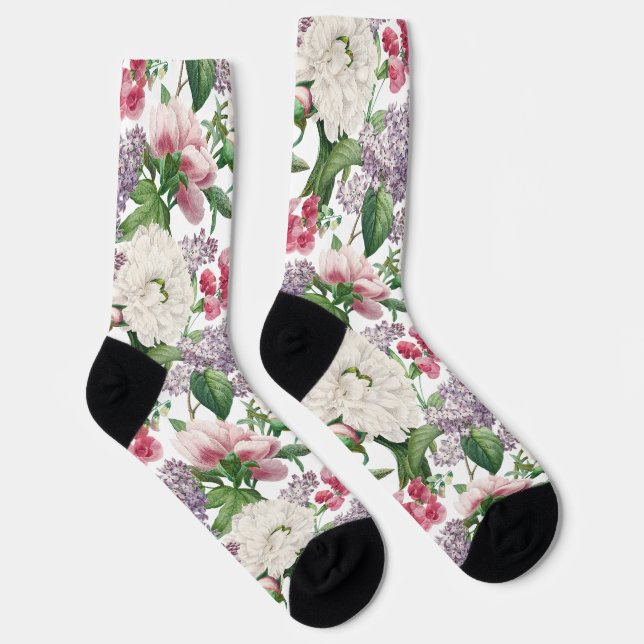 Peonies & Lilacs Flower Garden Watercolor Pattern Socks (Right)