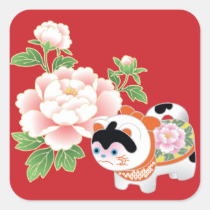 Peonies & Lion Dogs Japanese Kimono Pattern Square Sticker