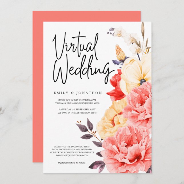 Peonies Magnolia Watercolor Floral Virtual wedding Invitation (Front/Back)