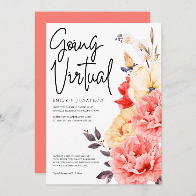 Peonies Magnolia Watercolor Going Virtual wedding Invitation (Front/Back)