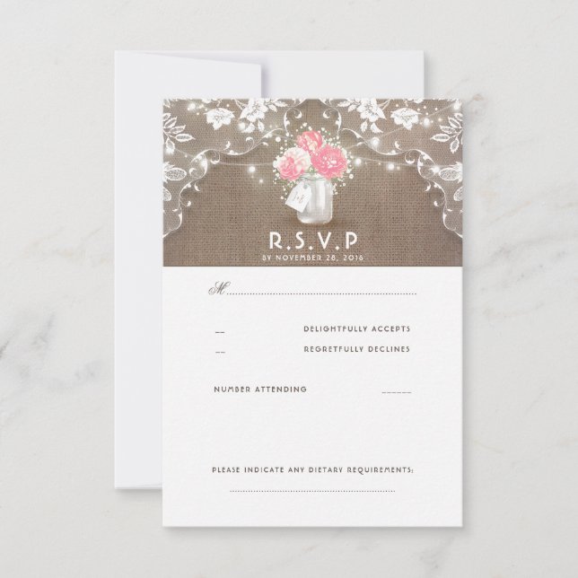 Peonies Mason Jar Rustic Wedding RSVP Cards (Front)