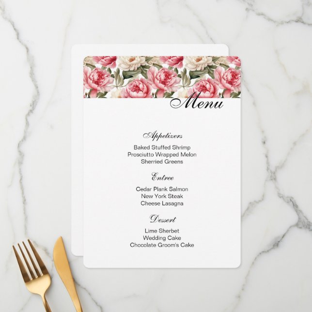 Peonies Menu Card (Front/Back In Situ)