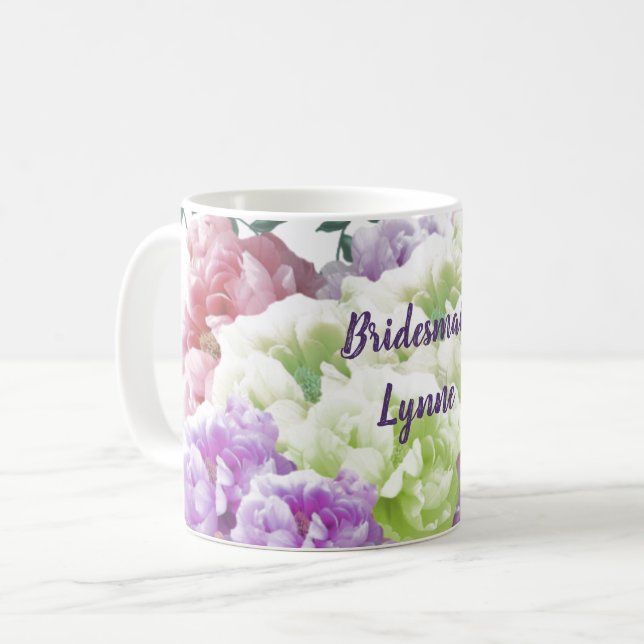 Peonies Multicolor Bridesmaid Name Coffee Mug (Front Left)