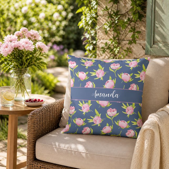 Peonies Pattern with Custom Name Pillow (Outdoor Pillow)
