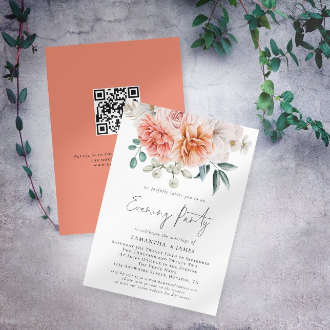 Peonies Peach Coral Qr Code Wedding Evening Party  Invitation (Front and back view)
