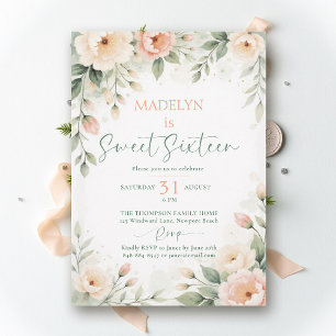Peonies Peach Pink Elegant Script Floral Sweet 16 Invitation