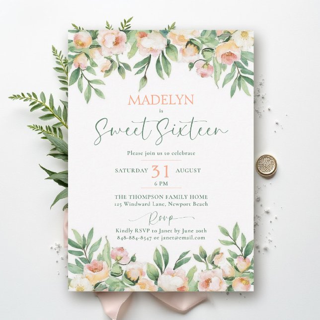 Peonies Peach Pink Script Elegant Floral Sweet 16 Invitation (sweet sixteen birthday invitation peony floral peach pink green script elegant classy formal)