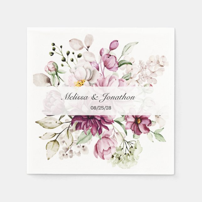 Peonies Pink Burgundy Floral Romantic Wedding Napkin (Front)