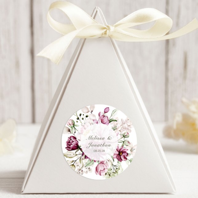 Peonies Pink Burgundy Floral Wedding Classic Round Sticker (Creator Uploaded)