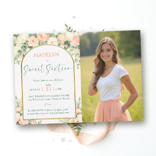 Peonies Pink Peach Elegant Arch Photo Sweet 16 I Invitation