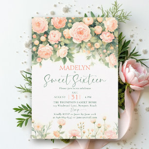 Peonies Pink Peach Script Elegant Floral Sweet 16 Invitation