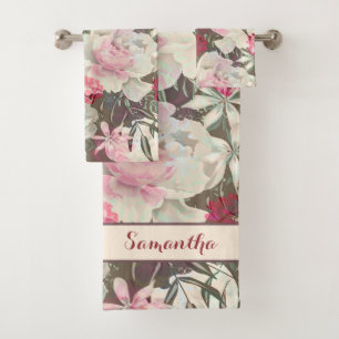 Peonies pink rose flowers flower garden bouquet bath towel set