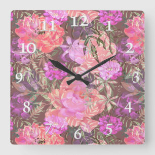 Peonies pink rose flowers flower garden bouquet square wall clock