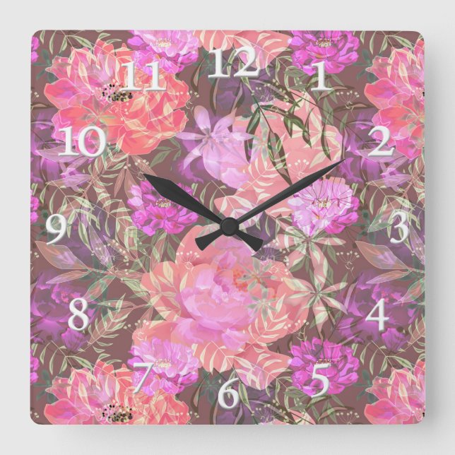 Peonies pink rose flowers flower garden bouquet square wall clock (Front)
