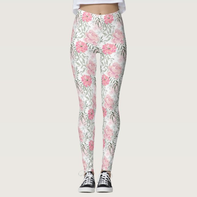 Peonies pink rose flowers leggings (Front)